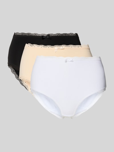 Produktfoto, Slip aus Baumwoll-Mix im 3er-Pack Modell 'ESSENTIAL' von DORINA in Schwarz, Beige und Weiß mit Zierschleife und Spitzenbordüre.