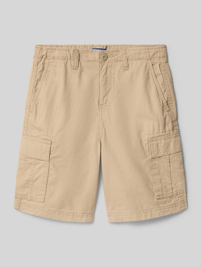 Produktfoto, Regular Fit Shorts mit Logo-Patch Modell 'Cole' von Jack & Jones aus reiner Baumwolle in Beige, mit Cargo-Taschen und sichtbarem Knopf- sowie Reißverschluss, markante Steppnähte und glatte Textur, Kindergröße 140.