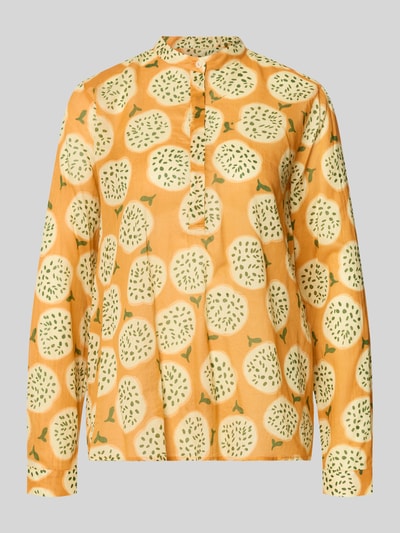 Produktfoto, Regular Fit Bluse mit Knopfleiste Modell 'JANE' von 0039 Italy aus reiner Baumwolle, okrągły dekolt, wzór allover, kolor pomarańczowy z zielono-białymi okręgami, długość tyłu 64 cm, długość rękawa 63 cm