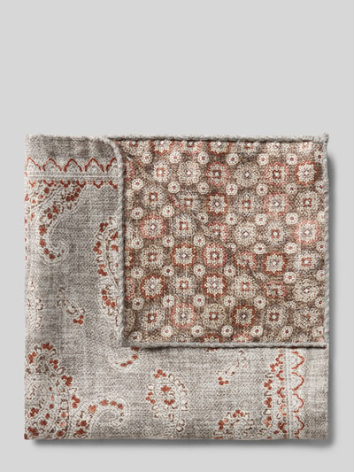 Produktfoto, Einstecktuch aus reiner Seide von Verugia, quadratisches Design, gemusterte Oberfläche in Beige und Rot, 30 x 30 cm.