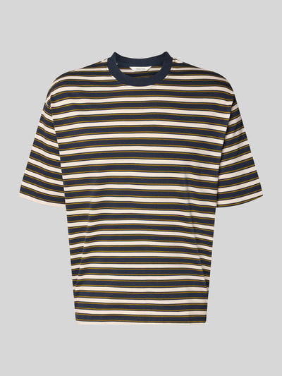 Produktfoto, poziome paski w kolorach czarnym, beżowym i żółtym, gładka tekstura, Relaxed Fit T-Shirt aus reiner Baumwolle Modell 'ASPEN 2' von SELECTED HOMME, męski t-shirt