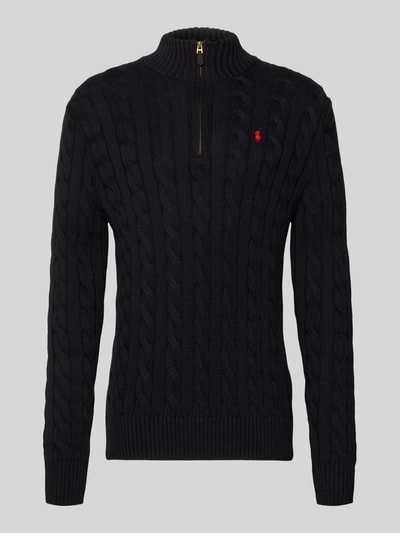 Produktfoto, Regular Fit Troyer aus reiner Baumwolle von Polo Ralph Lauren, jednolity kolor, imitacja dzianiny, ścieg warkoczowy, wyhaftowane logo, kołnierz zapinany, zamek błyskawiczny, długi rękaw, prążkowane wykończenia, dzianina z bawełny