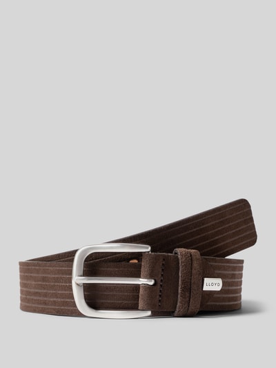 Produktfoto, Gürtel mit Label-Detail von LLOYD in Dunkelbraun mit Struktur-Streifen, metallic Dornschließe, Breite 3 cm, Herren Accessoire