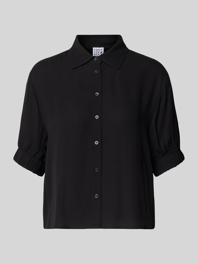 Produktfoto, czarna Regular Fit Bluse aus Viskose mit 1/2-Arm von Emily Van den Bergh, krój regular fit, kołnierzyk koszulowy, zapięcie na guziki, rękaw do połowy, czysta wiskoza, długość tyłu w rozmiarze 36: 54 cm, długość rękawa w rozmiarze 36: 26 cm
