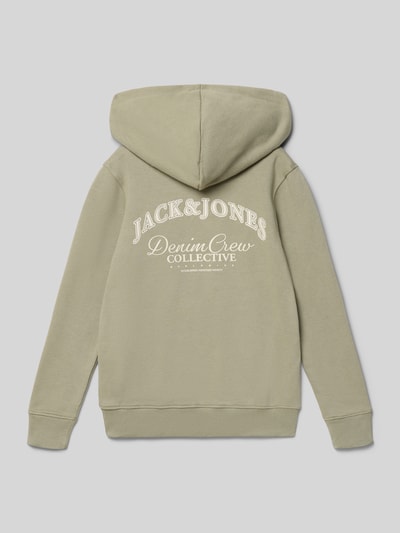 Jongen draagt Hoodie met Kangoeroezak van JACK & JONES, katoenmix, relaxed fit, logoprint, labeldetail, geheel achteraanzicht