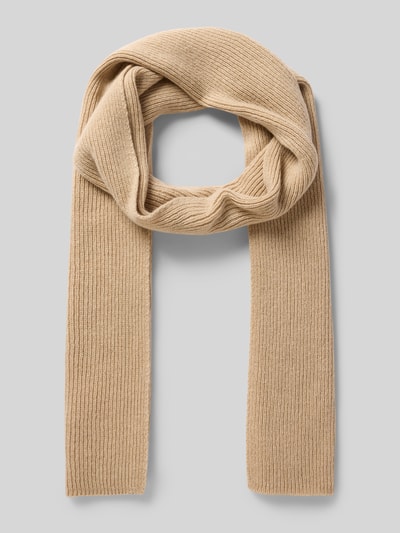 Produktfoto, Schal mit Schurwoll-Anteil MADE in Germany von UNIO Hamburg in Beige, rechteckig, gerippte Strick-Optik, Material-Mix, flache Ansicht.