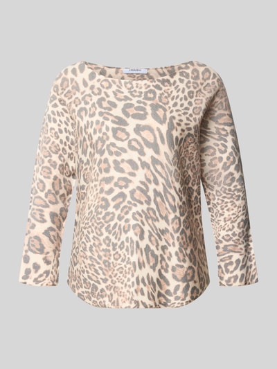 Produktfoto, T-Shirt aus Viskose-Mix mit Strukturmuster Modell 'Samara' von ZABAIONE, beige-braunes Leopardenmuster, Regular Fit, 3/4-Arm, U-Boot-Ausschnitt, abgerundeter Saum, Damen T-Shirt