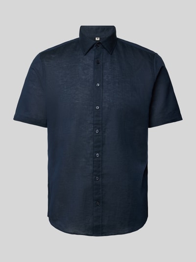 Jake*s Slim fit linnen overhemd met kentkraag Marineblauw - 2