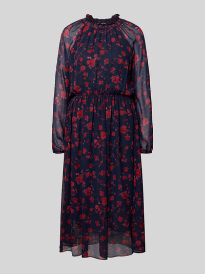 Produktfoto, Midikleid mit Rüschenkragen und Raglanärmeln von Christian Berg Woman Selection, dunkelblauer Grund mit rotem Blumenmuster, semitransparente lange Ärmel, blickdichtes Unterkleid, taillierter Schnitt, weich fallender Stoff, elegante Textur