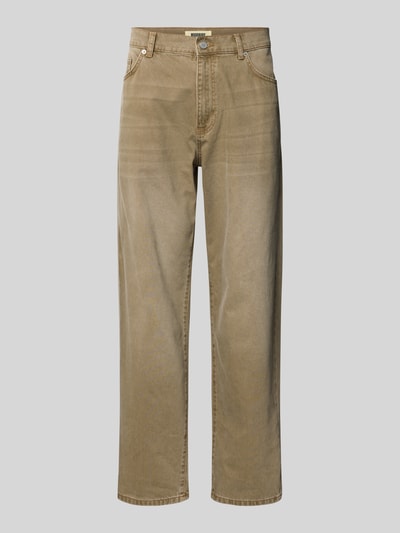 Produktfoto, Straight Fit Jeans mit 5-Pocket-Design Modell 'Leroy' von WOODBIRD in Beige, gerader Schnitt, sichtbarer Knopf- und Reißverschluss, strukturierte Baumwoll-Optik, Bundweite 44 cm, Innenbeinlänge 80 cm, Größe 32/32.