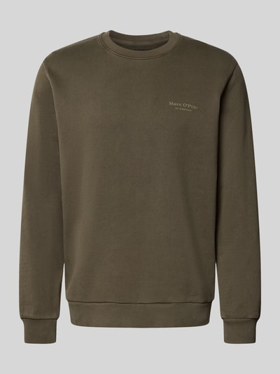Produktfoto, Regular Fit Sweatjacke aus reiner Baumwolle von Marc O'Polo in einfarbigem Olivgrün, Rundhals, lange Ärmel, gerippte Abschlüsse, glatte Sweat-Textur
