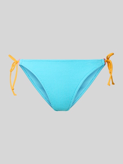 Produktfoto, Figi bikini z dodatkiem streczu, mieszanka materiałów, wiązanie, detal z logo, model 'LENKA' od Banana Moon, kolor turkusowy z żółtymi bokami, dopasowany krój.