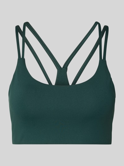Produktfoto, ciemnozielony Slim Fit Sportbh mit Logo-Print Modell 'Principal' od Fabletics, krój slim fit, nadruk z logo, podwójne cienkie ramiączka, dekolt na plecach, moda sportowa, gładka tekstura