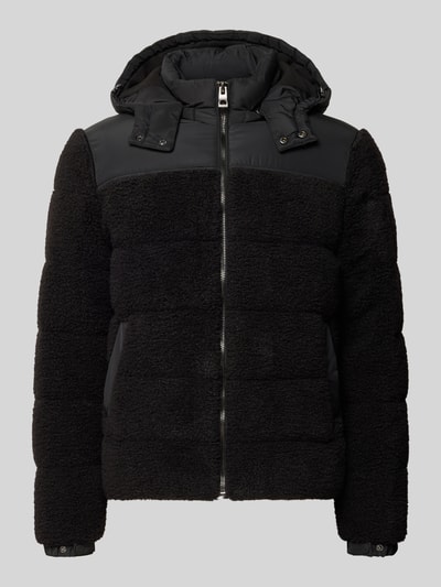 Produktfoto, Regular Fit Stepp-Jacke Modell 'SHEARLING' von GUESS in Schwarz, Strukturmuster, mit Kapuze und Stehkragen, Stepp-Optik