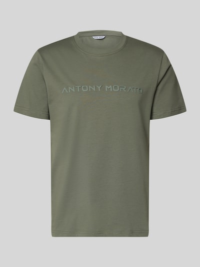 Produktfoto, T-Shirt mit Label-Print von Antony Morato, męski t-shirt, bawełna, prosty krój, okrągły dekolt, nadruk z logo, długość tyłu w rozmiarze M: 72 cm
