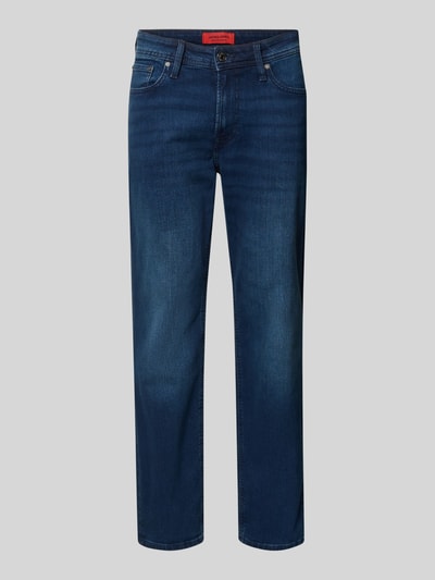 Productfoto, Straight Fit Jeans uit katoenmix model 'CLARK ORIGINAL' van Jack & Jones, blauwe tinten, 5-pocketdesign, knoop- en ritssluiting, context: herenjeans katoen-elastaan-mix, taillewijdte maat 32/32: 43 cm, binnenbeenlengte 75 cm