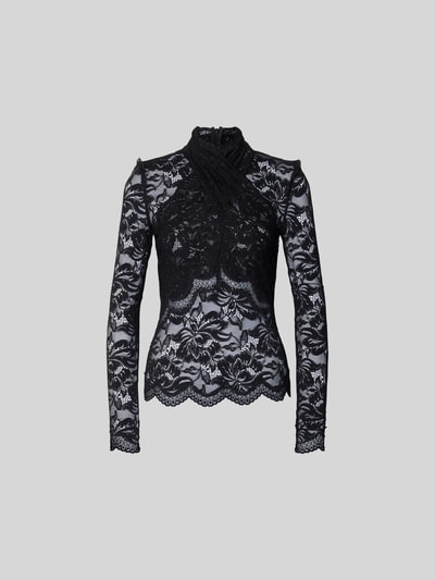 Produktfoto, schwarze Slim Fit Bluse aus Spitze von Rabanne, Elastischer-Material-Mix, Stehkragen, Langärmeliges Design, Rückenlänge 62 cm