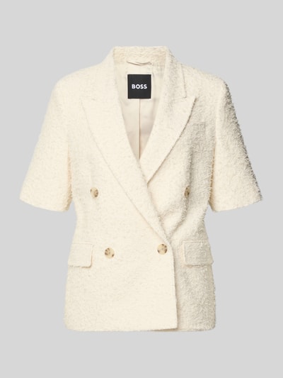 Productfoto, Regular Fit Blazer uit katoenmix model 'JALETO11' van BOSS, effen, korte mouwen, dubbele knoopsluiting, klepzakken, opstaande reverskraag, beige kleur, lichte structuur, dames blazer