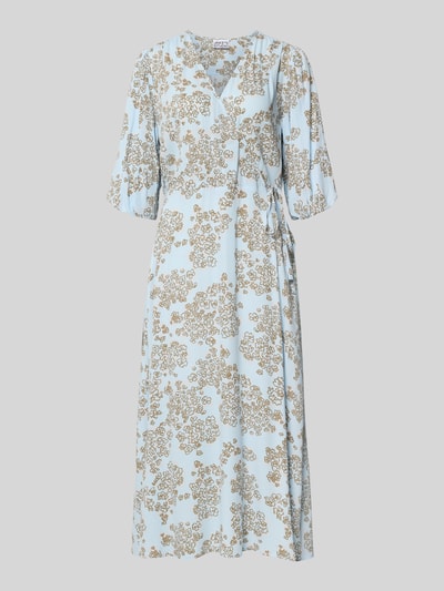 Produktfoto, Midikleid aus Viskose in Wickel-Optik mit 1/2-Arm von JAKE*S STUDIO WOMAN, jasnobłękitny z beżowym wzorem, taliowany krój, dekolt w serek, kopertowy styl, rękaw o dł. 1/2, długość tyłu w rozmiarze 36: 124 cm, szerokość w rozmiarze 36: 55 cm, długość rękawów w rozmiarze 36: 41 cm