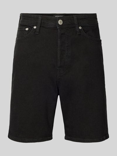 Produktfoto, Relaxed Fit Jeansshorts Modell 'TONY' von Jack & Jones aus schwarzem Baumwoll-Elasthan-Mix, Eingrifftaschen, Bundweite 42 cm, Innenbeinlänge 21 cm.