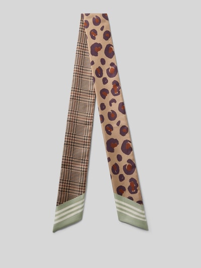 Produktfoto, Tuch aus reiner Seide Modell 'Twilly' von Codello in länglicher Form, mix aus Leo- und Hahnentritt-Muster, floraler Allover-Print, helle und braune Töne, feine glatte Textur