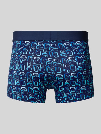 Produktfoto, dunkelblaue Slim Fit Trunks mit hellblauem Logo-Detail, geometrisches Muster, elastischer Material-Mix, Modell 'Elvis' von HOM, Herren Trunks