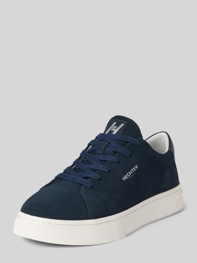 Produktfoto, Sneaker aus echtem Leder mit Logo-Prägung Modell 'Julien' von HECHTER PARIS in Velours-Optik, abgerundete Passform, dunkelblau, Schnürverschluss, Absatzhöhe 4 cm, Schafthöhe 8 cm, Schaftweite 12 cm