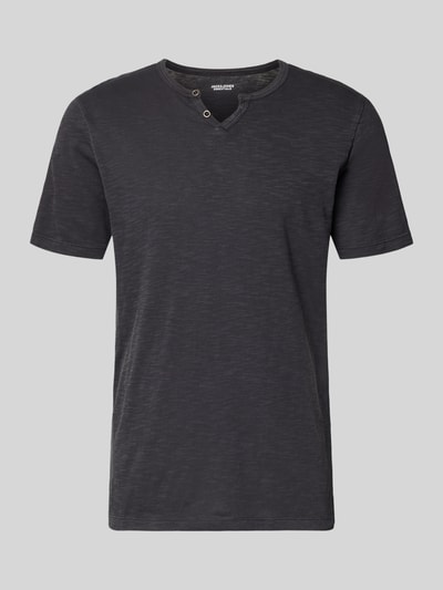 Productfoto, recht gesneden katoenen T-shirt uit één stuk, V-hals met knoopsluiting, model 'SPLIT' van Jack & Jones, zwart, heren