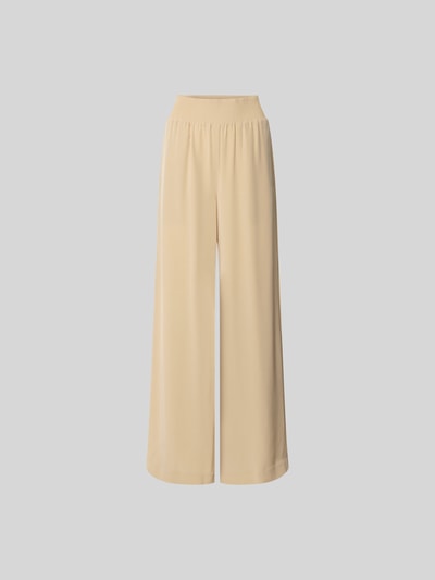 Produktfoto, Stoffhose mit Eingrifftaschen von Joseph aus Acetat-Mix in Beige, lockere Passform mit weitem Bein und elastischem Bund in Ripp-Optik, Größe 36 mit 83 cm Innenbeinlänge und 32 cm Bundweite.