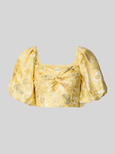 Produktfoto, Cropped Blusentop mit Puffärmeln Modell 'LEMON' von YAS im Allover-Look mit Knotendetail, gelb gemustert, Lyocell-Mix mit Leinen-Anteil