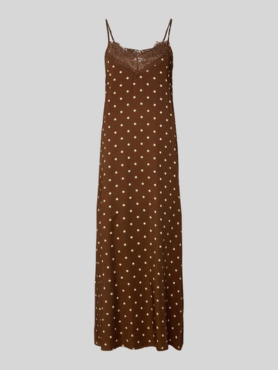 Produktfoto, Relaxed Fit Długa sukienka z mieszanki wiskozy i lyocellu model 'Alma' od OH APRIL, brązowa w kremowe kropki, obszycie koronką, cienkie ramiączka, dekolt w serek, długość tyłu 107 cm w rozmiarze S, szerokość w rozmiarze S: 45 cm