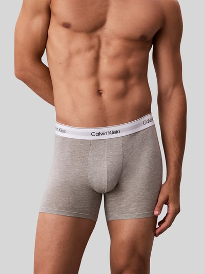 Männermodel trägt Pant & Trunk mit elastischem Label-Bund im 3er-Pack von Calvin Klein Underwear, Grau, Baumwoll-Elasthan-Mix, Nahaufnahme Oberkörper.
