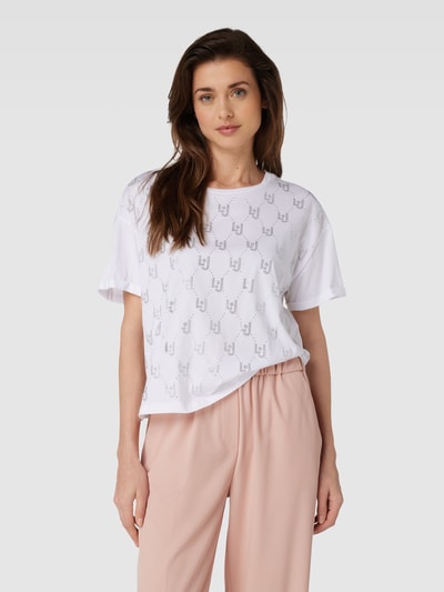 Liu Jo White T-shirt met all-over label met strass-steentjes Offwhite - 4