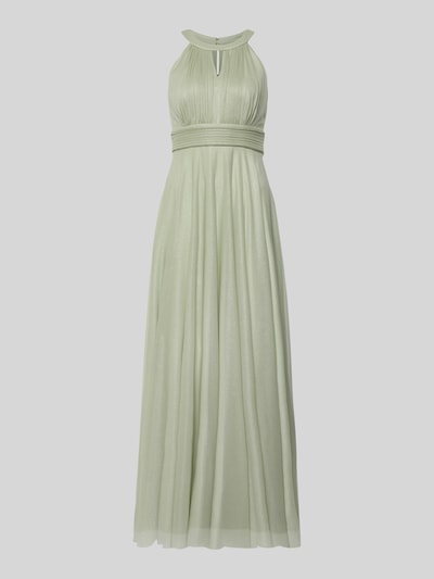 Produktfoto, Regular Fit Abendkleid aus Glitzer-Mesh von Jake*s Cocktail in zartem Grün mit Schlüssellochausschnitt, Falten-Optik, taillierter Passform und Nahtreißverschluss, Rückenlänge 152 cm, Brustweite 37 cm bei Größe 36