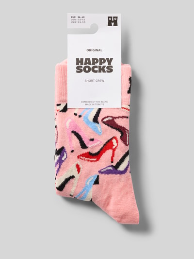 Produktfoto, Socken mit Allover-Motiv-Print von Happy Socks in Rosa mit buntem Muster, Elastik-Rippbündchen, Label-Detail, Damen Socken