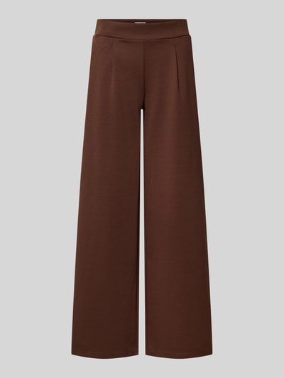 Produktfoto, brązowe spodnie o kroju wide fit z wpuszczanymi kieszeniami, zakładkami w pasie i częściowo elastycznym pasie, spodnie Wide Fit Hose mit Viskose-Anteil Model 'Kate' od ICHI z elastycznej mieszanki materiałów z dodatkiem wiskozy, szerokość w rozmiarze S: 38 cm, długość wewnętrzna nogawki w rozmiarze S: 80 cm.