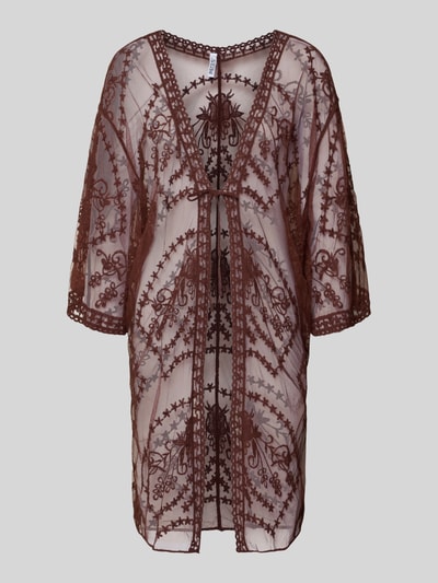 Produktfoto, Kaftan aus Baumwoll-Mix Modell 'KARINA' von Pieces in Semitransparent-Optik mit floralem Muster, Materialverarbeitung: Mesh