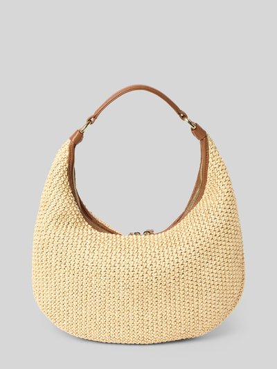 Produktfoto, Shoulder Bag in Flecht-Optik Modell 'Nana' von Abro, efekt plecionki, detal z logo, główna przegroda z zamkiem błyskawicznym, szeroki beżowy kolor, smukły brązowy pasek, Szerokość w rozmiarze 1: 37 cm, długość w rozmiarze 1: 35 cm, głębokość w rozmiarze 1: 5 cm, długość paska na ramię w rozmiarze 1: 23 cm