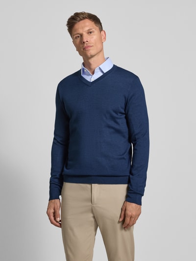 Christian Berg Men Gebreide pullover van een mix van merinowol met V-hals Donkerblauw gemêleerd - 4