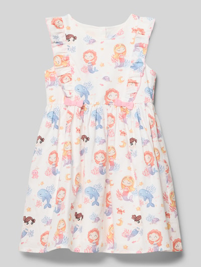 Produktfoto, Regular Fit Kleid mit Allover-Motiv-Print von Happy Girls aus Reine Baumwolle mit Rundhalsausschnitt, Ärmelloses-Design, Rüschenbesatz, Zierschleife, bunter Print auf weißem Stoff, Rückenlänge 22 cm bei Größe 116