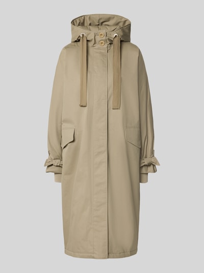 Produktfoto, Relaxed Fit lange jas van katoenmix Model 'Livia' van g-lab in beige met capuchon en elastische mouwboorden, context: Dames lange jas van g-lab, katoenmix, relaxed fit, Model 'Livia', capuchon met tunnelkoord, elastische mouwboorden, ruglengte maat S: 109 cm, schouderbreedte maat S: 53 cm, borstwijdte maat S: 72 cm, mouwlengte maat S: 55 cm.
