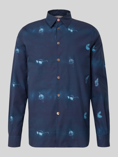 Produktfoto, Regular Fit Freizeithemd mit Kentkragen von PAUL SMITH aus reiner Baumwolle, dunkelblau mit abstraktem blauen Muster, Knopfleiste, Sportmanschetten, Länge 78 cm, Schulterbreite 37 cm, Ärmellänge 65 cm.