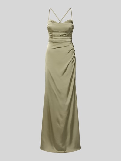 Produktfoto, Abendkleid mit rückseitig überkreuzten Spaghettiträgern von Mascara aus glänzendem Satin in Hellbeige, körpernaher Maxikleid-Schnitt, Herz-Ausschnitt, feine Drapierung und Schnürung am Rücken, dezente Faltenstruktur