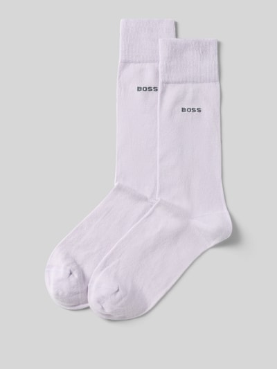 Produktfoto, Socken aus Baumwoll-Mix im 2er-Pack von BOSS in Weiß, unifarben, elastischer Bund, gerippte Textur, dezenter Label-Print.
