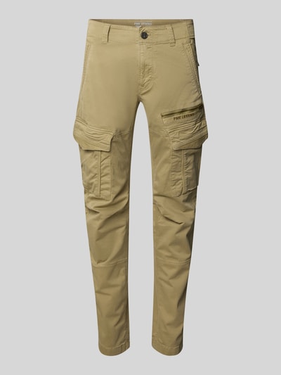 Produktfoto, beigefarbene Cargohose mit Label-Stitching von PME Legend, Baumwoll-Elasthan-Mix, Slim Fit, sichtbare Cargotaschen.