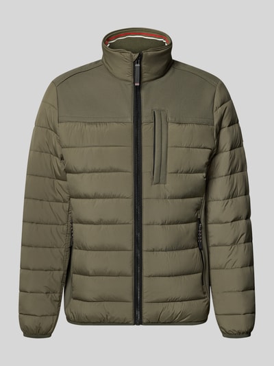 Produktfoto, Regular Fit Steppjacke mit seitlichen Stretcheinsätzen von Tom Tailor, jednolity kolor, stójka, krój regular fit, zamek błyskawiczny, naszywka z logo, pas na plecach, boczne wstawki stretch, długi rękaw, elastyczne zakończenia, hydrofobowy, kieszeń wewnętrzna, boczne kieszenie na zamek, brustasza