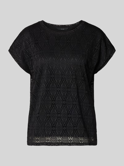 Produktfoto, Regular Fit T-Shirt in Ajour-Strickoptik Modell 'MAYA' von Vero Moda, Damen T-Shirt, schwarze Farbe, Rundhals, Kurzarm, feine Musterstruktur