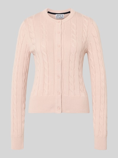 Produktfoto, Kardigan rozpinany z ściegiem warkoczowym i okrągłym dekoltem od JAKE*S STUDIO WOMAN, bawełna, krój slim fit, listwa guzikowa, długość tyłu w rozmiarze S: 52 cm, długość rękawów w rozmiarze S: 67 cm