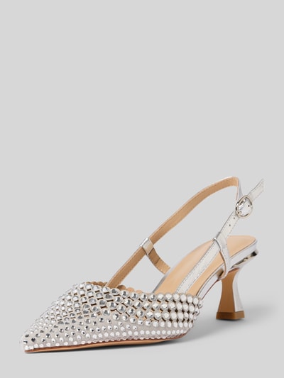Produktfoto, Pumps mit Ziersteinbesatz von ALMA EN PENA, vorne Spitze, Riemen mit Dornschließe, Pfennigabsatz, Absatzhöhe: 7 cm, Größe 40, silberfarbene Details, strukturierte Oberfläche