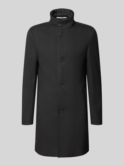 Produktfoto, schwarzer Slim Fit Mantel mit Viskose-Anteil Modell 'H-Hyde-SU' von BOSS, glatte Struktur, klassische Knopfleiste, Herren Mantel